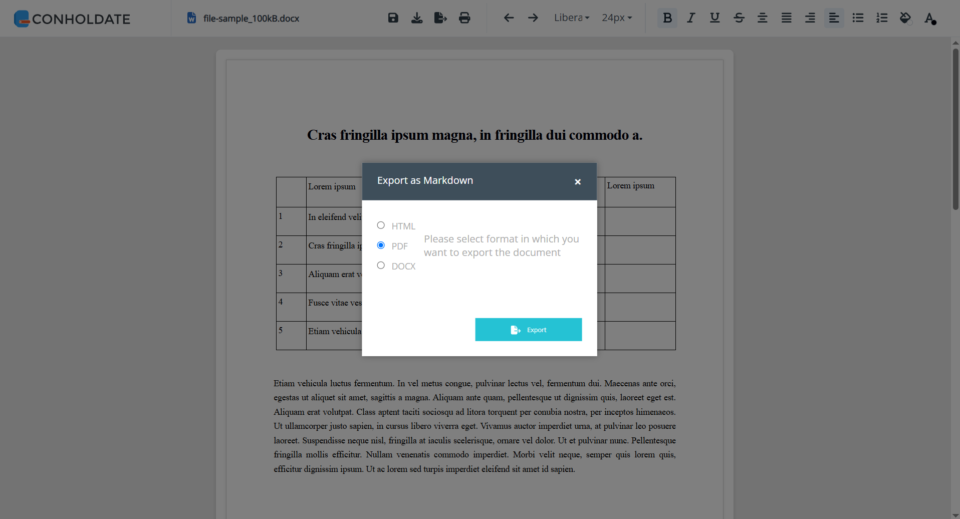 export edited file to html pdf docx