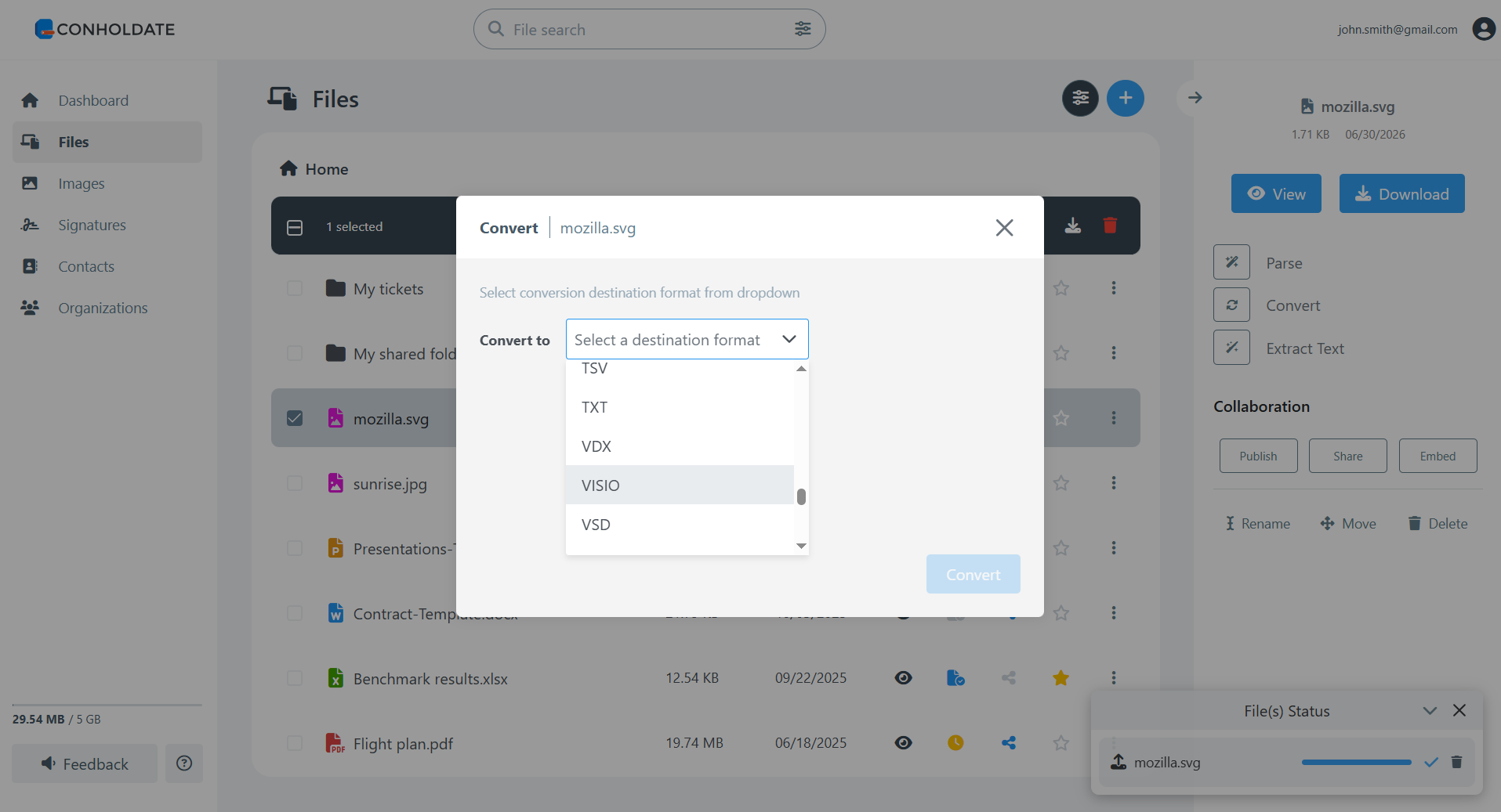 select visio as target format for conversion