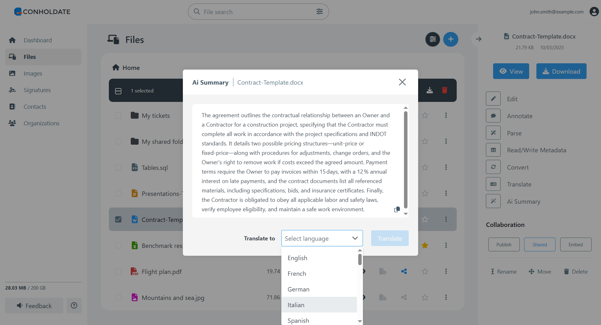 select language to translate summary