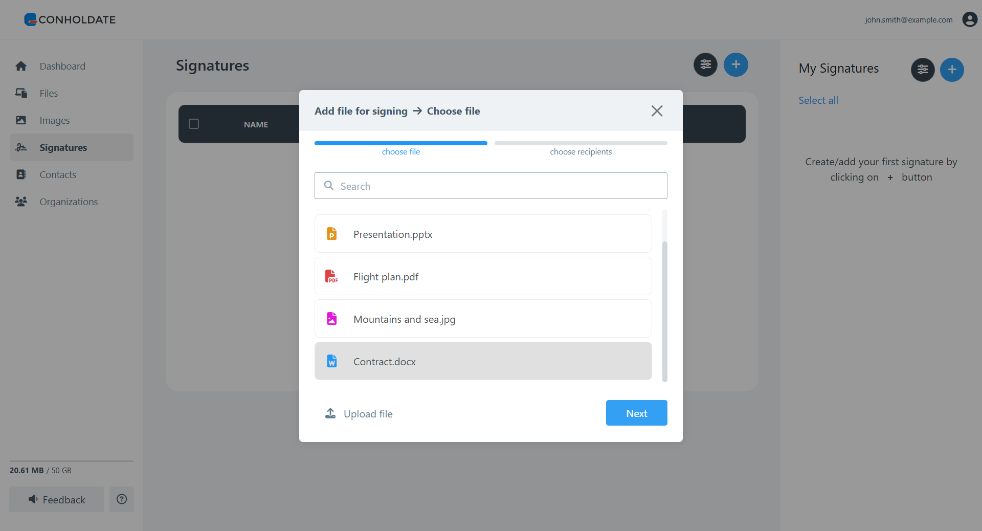 signatures select document
