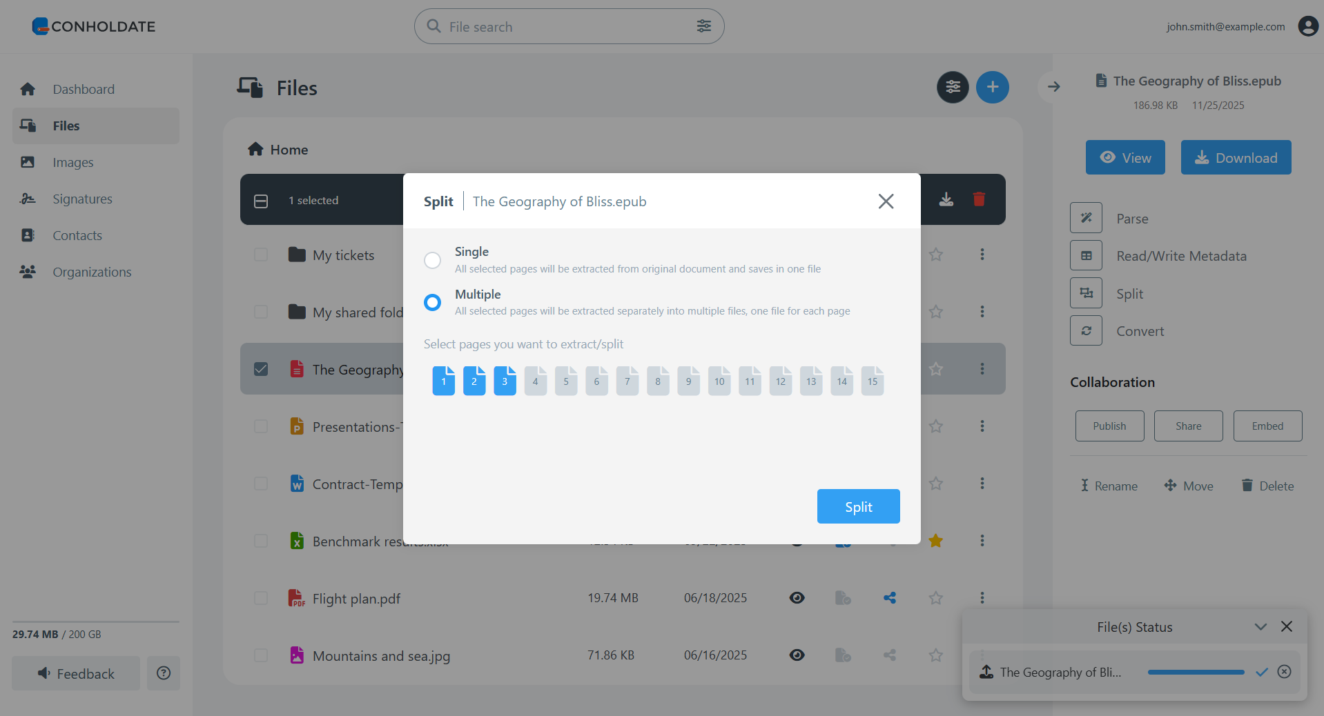 select mode and pages to split