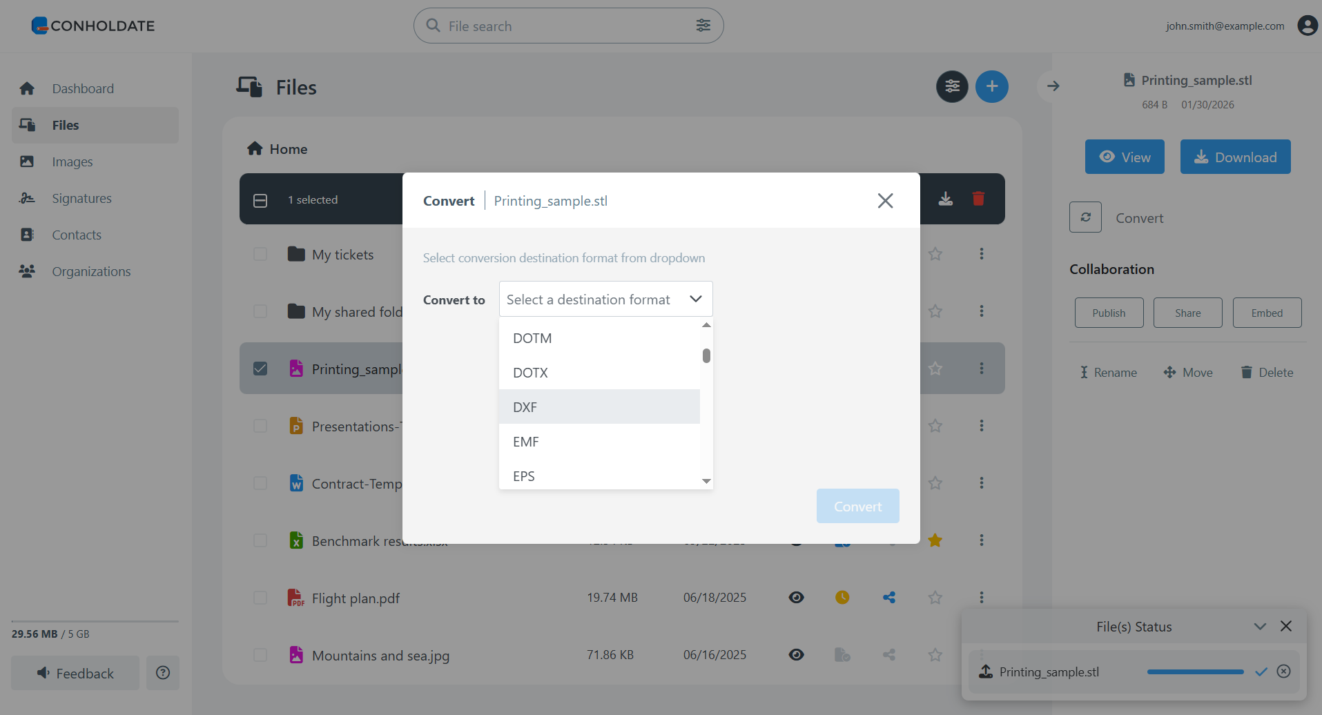 sélectionner dxf comme format de conversion cible