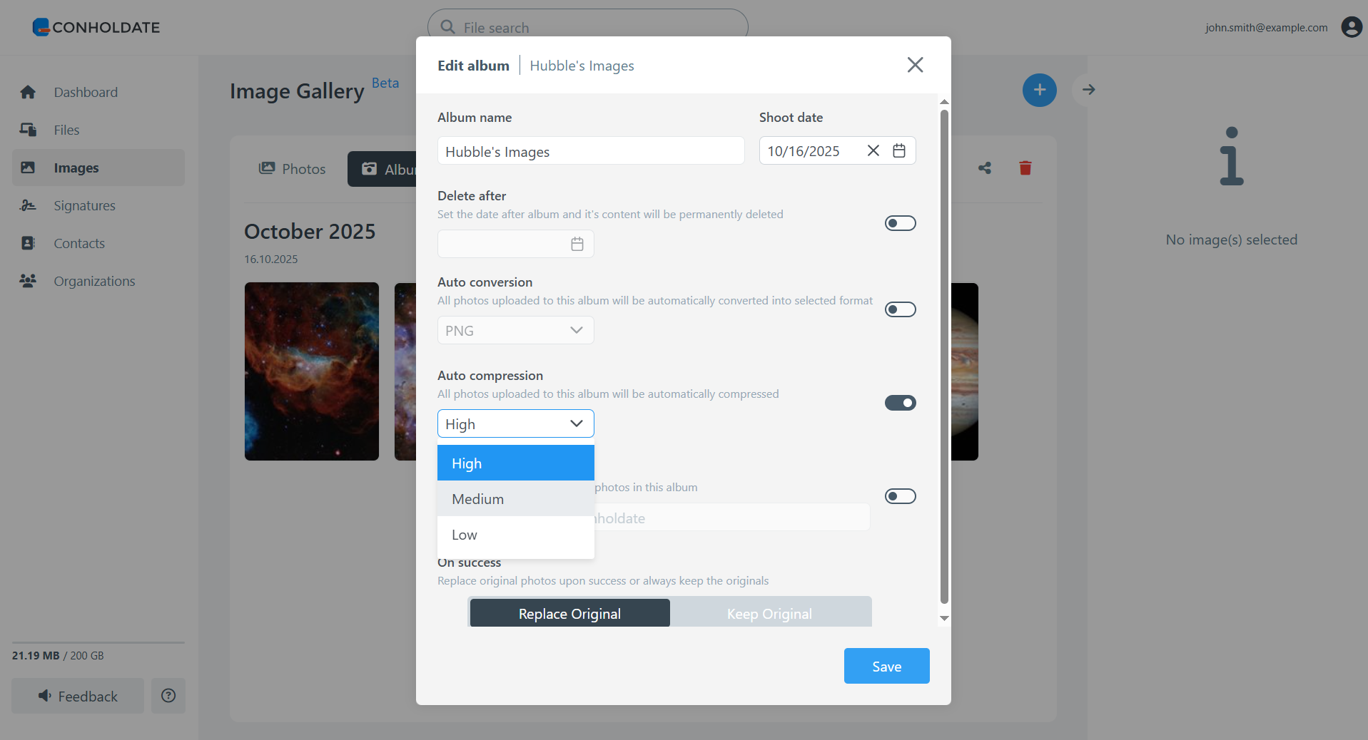 seleziona il livello di compressione immagine