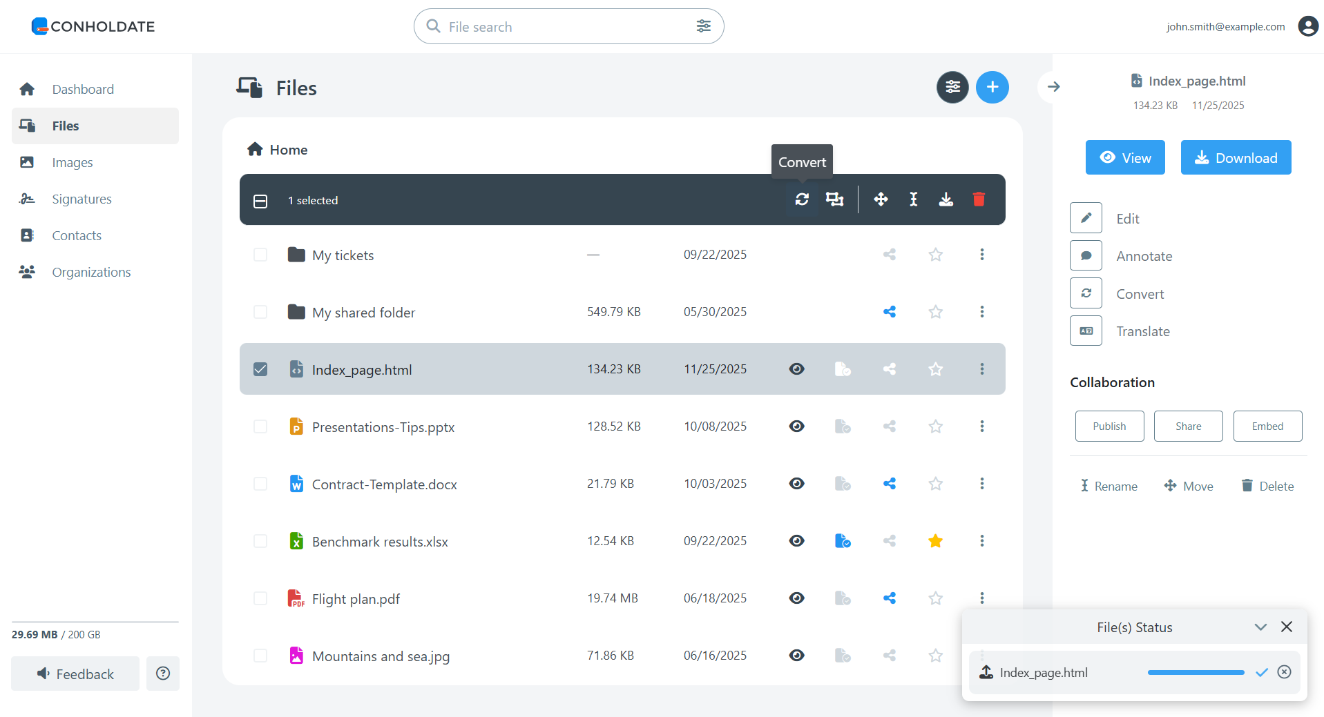 apri la finestra di dialogo di conversione per il file html