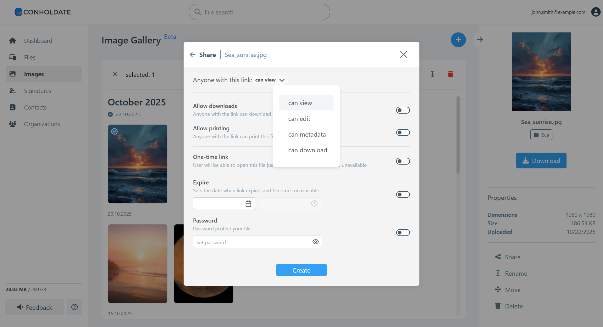 select share options for image